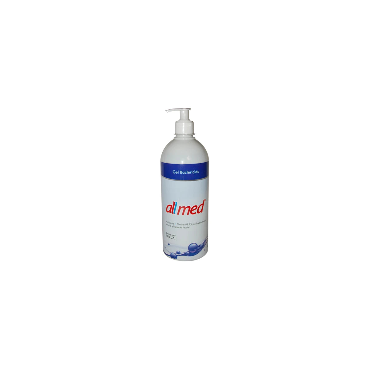 Gel bactericida Allmed de 1000 cc, con alcohol glicerinado, en envase transparente, ideal para desinfección de manos.