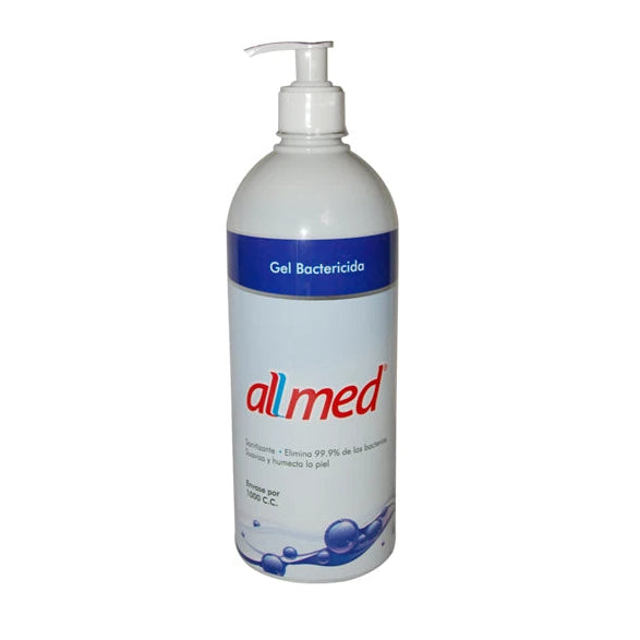 Gel bactericida Allmed 3785 CC, alcohol glicerinado, envase de 3785 cc, textura líquida y transparente, fondo blanco.