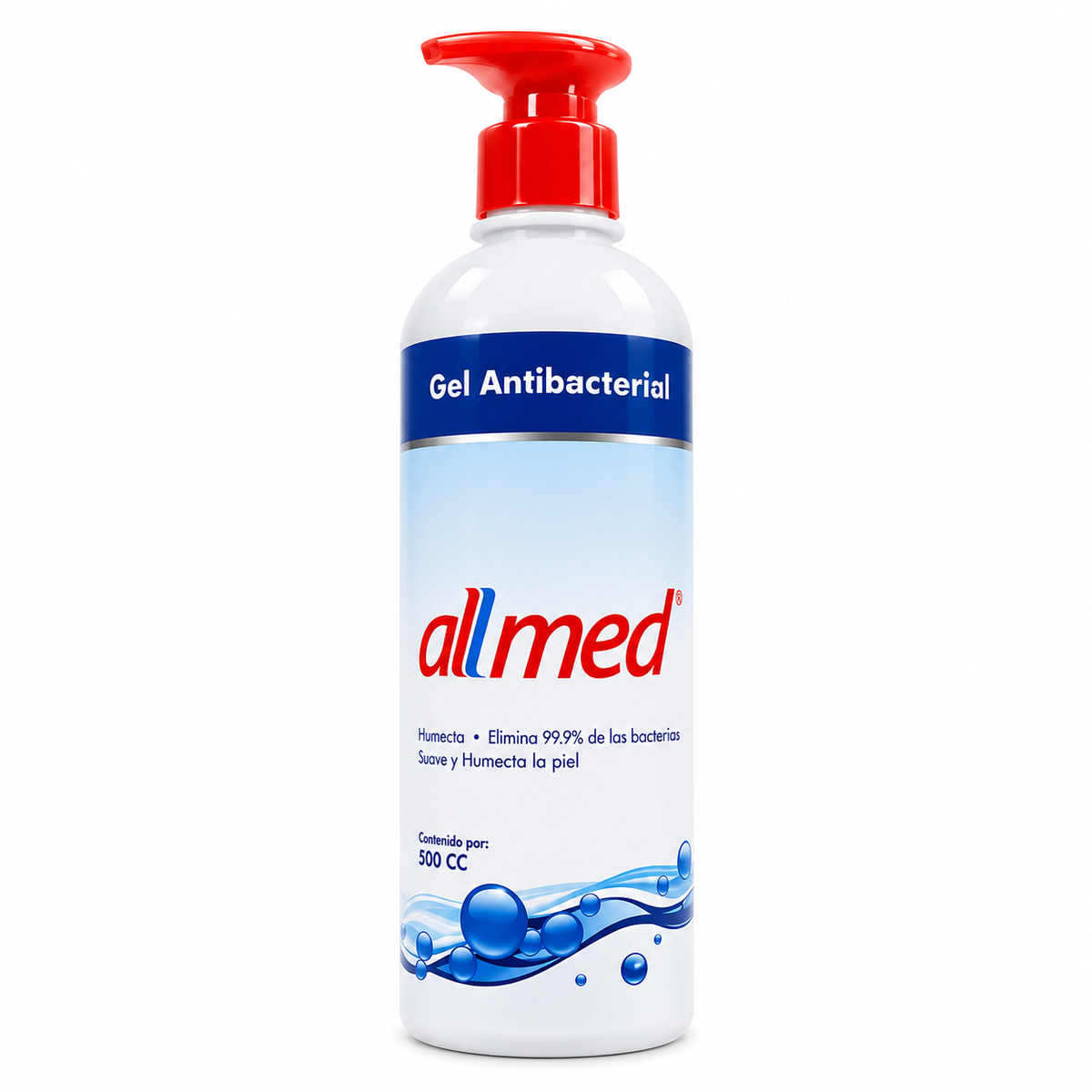 Gel bactericida Allmed de 500 ml con alcohol glicerinado para higiene y desinfección de manos.