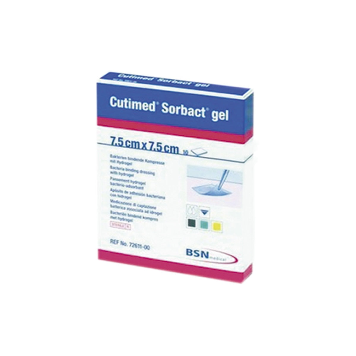Apósito estéril CUTIMED® SORBACT® GEL de 7.5 x 7.5 cm, con hidrogel y adhesión bacteriana, diseñado para el tratamiento de heridas.