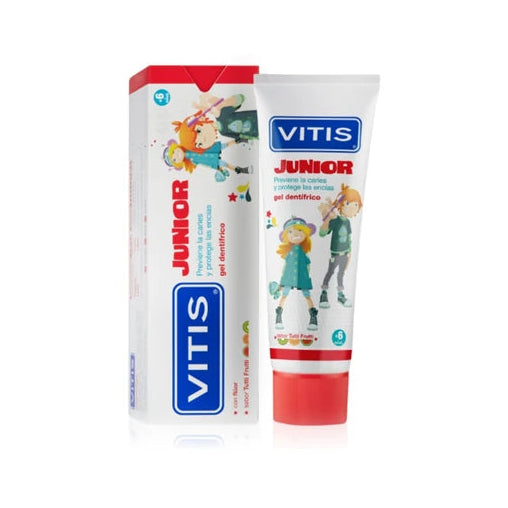 Gel dentífrico VITIS Junior Tutti Frutti de 75 ml, envase de tubo, color azul con diseño infantil, ideal para el cuidado dental de niños.