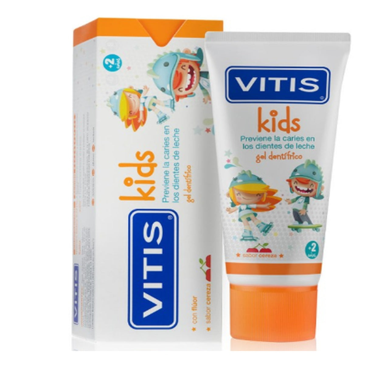 Gel dentífrico VITIS Kids sabor cereza, en tubo laminado de 50ml, formulado para niños, color rojo y textura gel. Previene caries.
