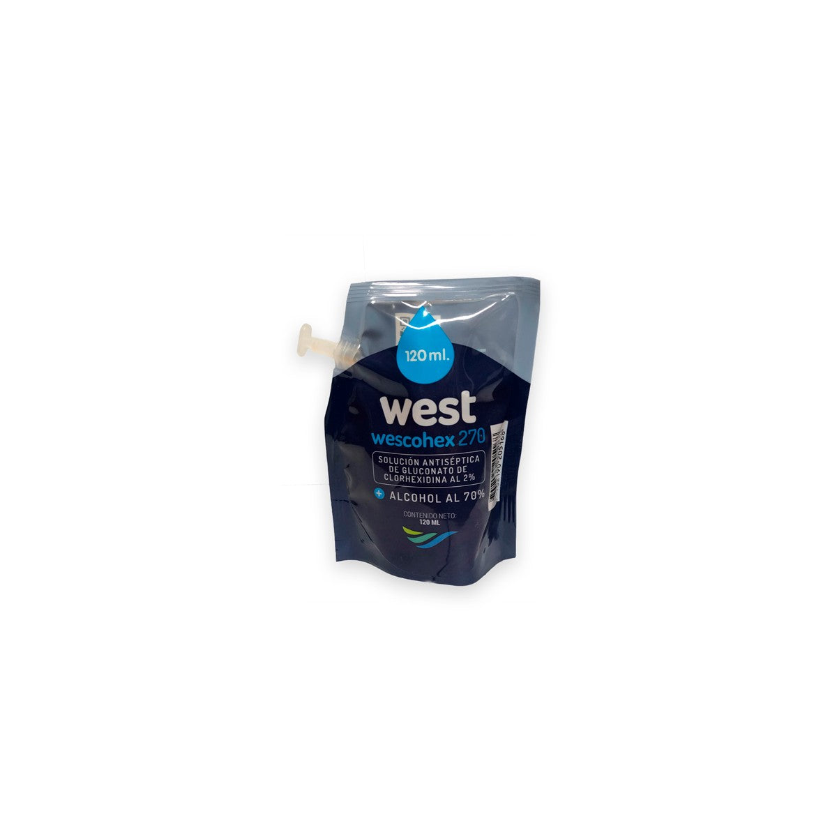 WESCOHEX 270, solución antiséptica de clorhexidina 2% y alcohol 70%, en frasco de 120 ml, con etiqueta clara y fondo blanco.