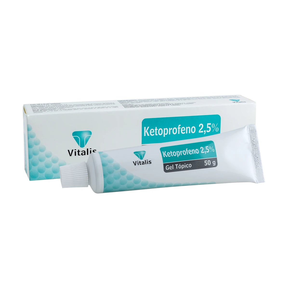Gel analgésico KETOPROFENO 2.5% de la marca VITALIS, presentado en un tubo de 50g, con fondo blanco y etiquetado claro.