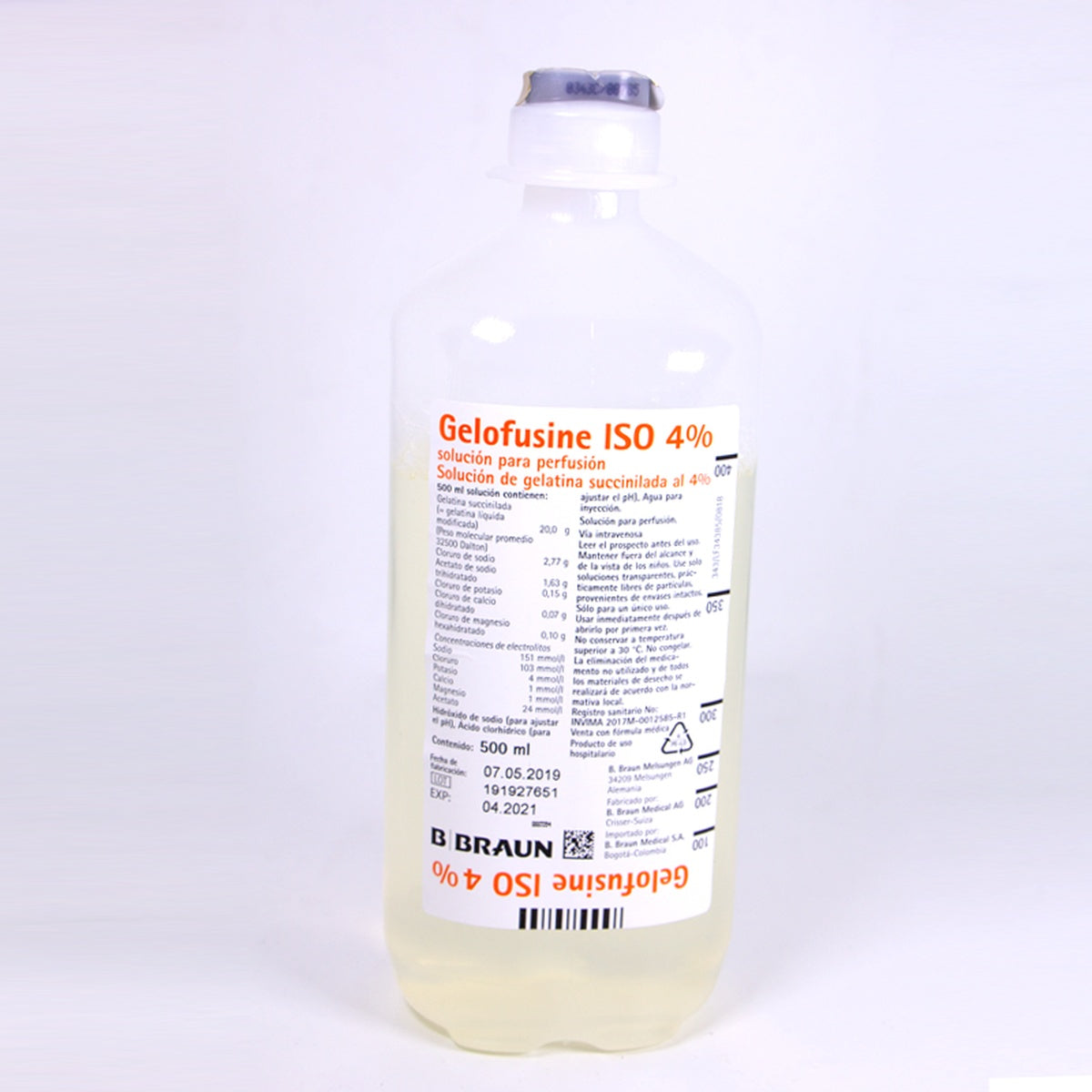 Gelofusine ISO 4% en frasco de 500 ml, solución inyectable transparente, incoloro o ligeramente amarillento, para infusión intravenosa.