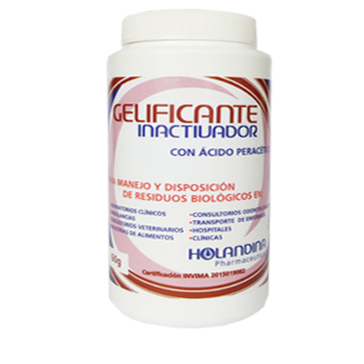 Gelificante inactivador absorbente tipo hidrofílico, color blanco con puntos azules, en frasco de 60 g, diseñado para la absorción de líquidos.