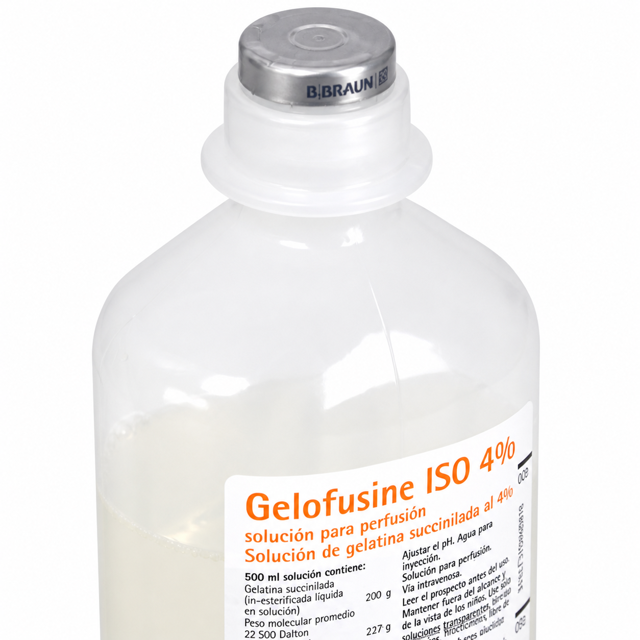 Detalle de tapa y conexión de Gelofusine ISO 4% 500 ml B Braun solución para perfusión uso intravenoso