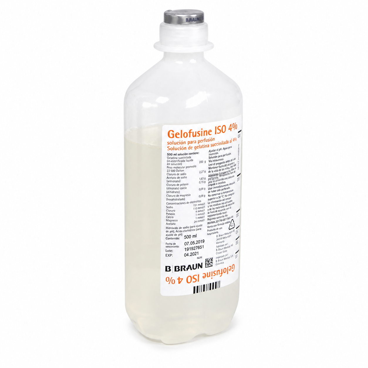 Gelofusine ISO 4% 500 ml solución para perfusión B Braun vista en ángulo mostrando volumen del frasco para uso intravenoso