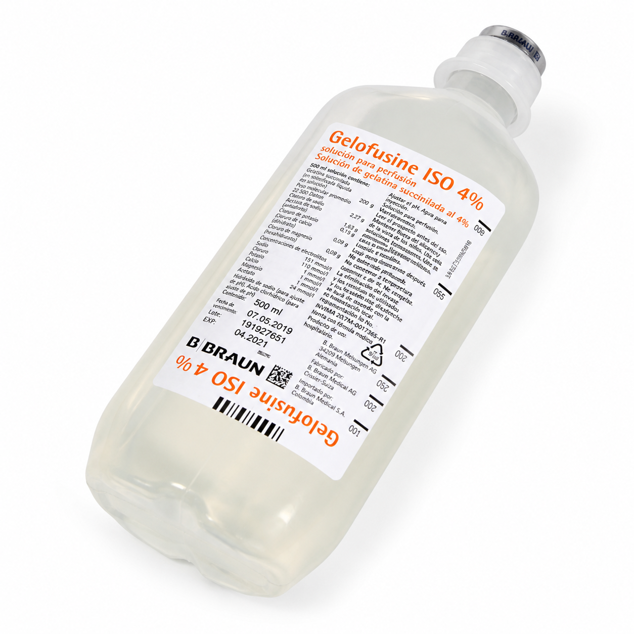 Gelofusine ISO 4% 500 ml solución para perfusión B Braun en plano diagonal mostrando diseño del frasco para uso intravenoso