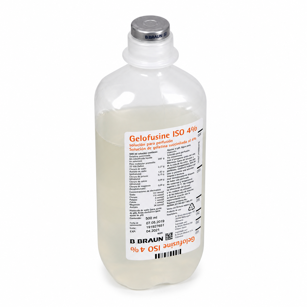 Gelofusine ISO 4% 500 ml solución para perfusión B Braun vista en ángulo superior mostrando tapa y etiqueta del frasco