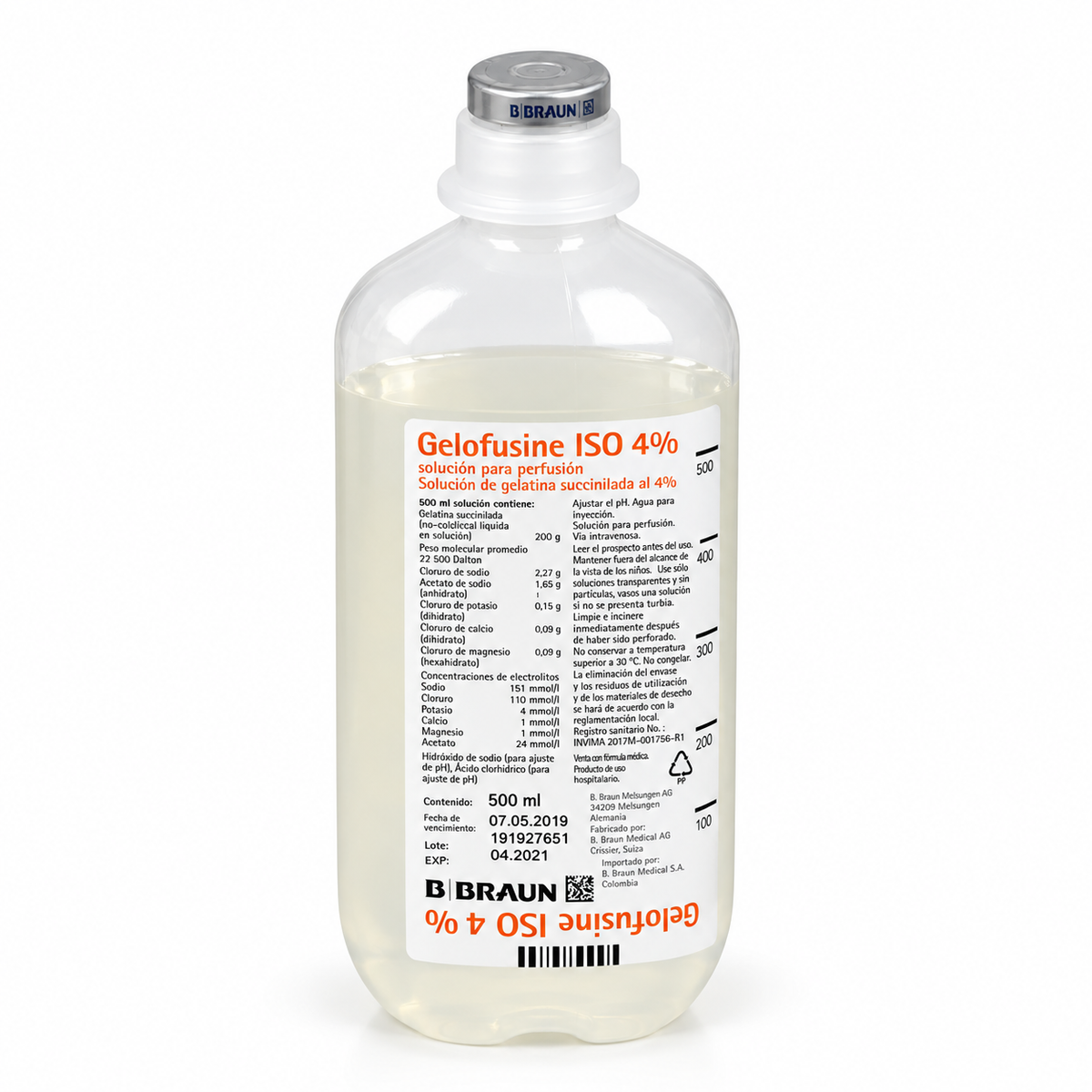 Gelofusine ISO 4% B. Braun, solución para perfusión en presentación Ecoflac de 500 ml para uso médico y hospitalario.