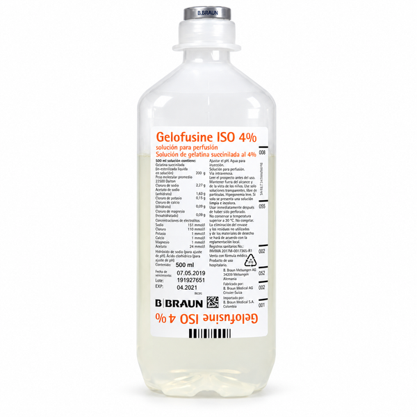 Gelofusine ISO 4% solución para perfusión B. Braun, frasco Ecoflac de 500 ml para uso médico.