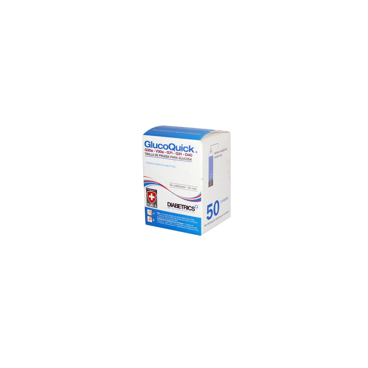 Glucómetro Glucoquick CJA con 25 tiras Procaps, dispositivo compacto en color blanco y azul, ideal para monitoreo de glucosa.