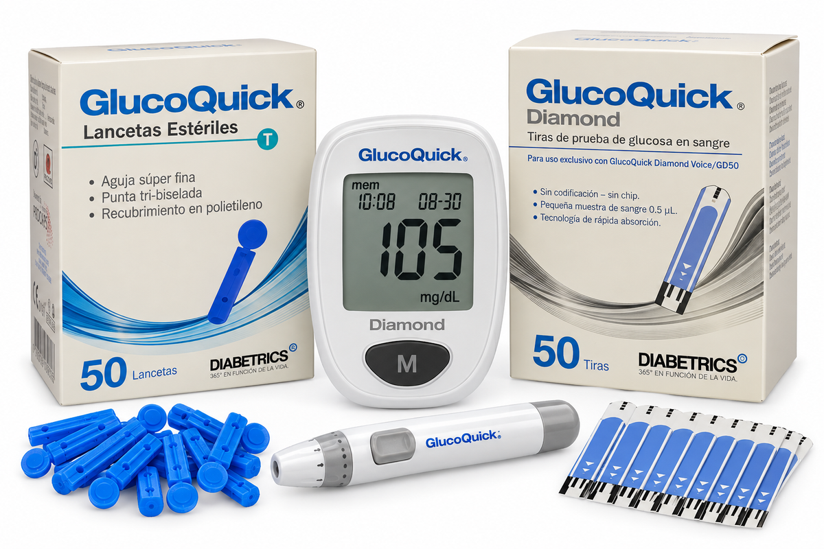 Glucómetro Glucoquick Diamond con tiras reactivas y lancetas, diseñado para facilitar el monitoreo de glucosa en sangre.