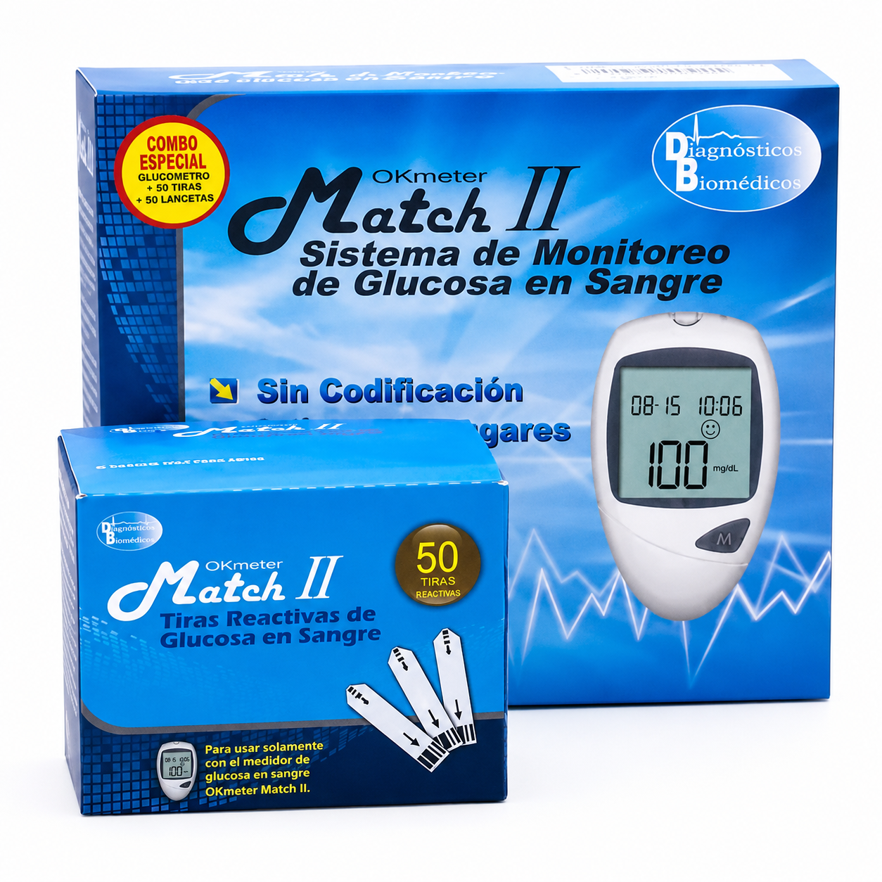 Glucómetro OKmeter Match II combo con 50 tiras reactivas y 50 lancetas para monitoreo de glucosa en sangre