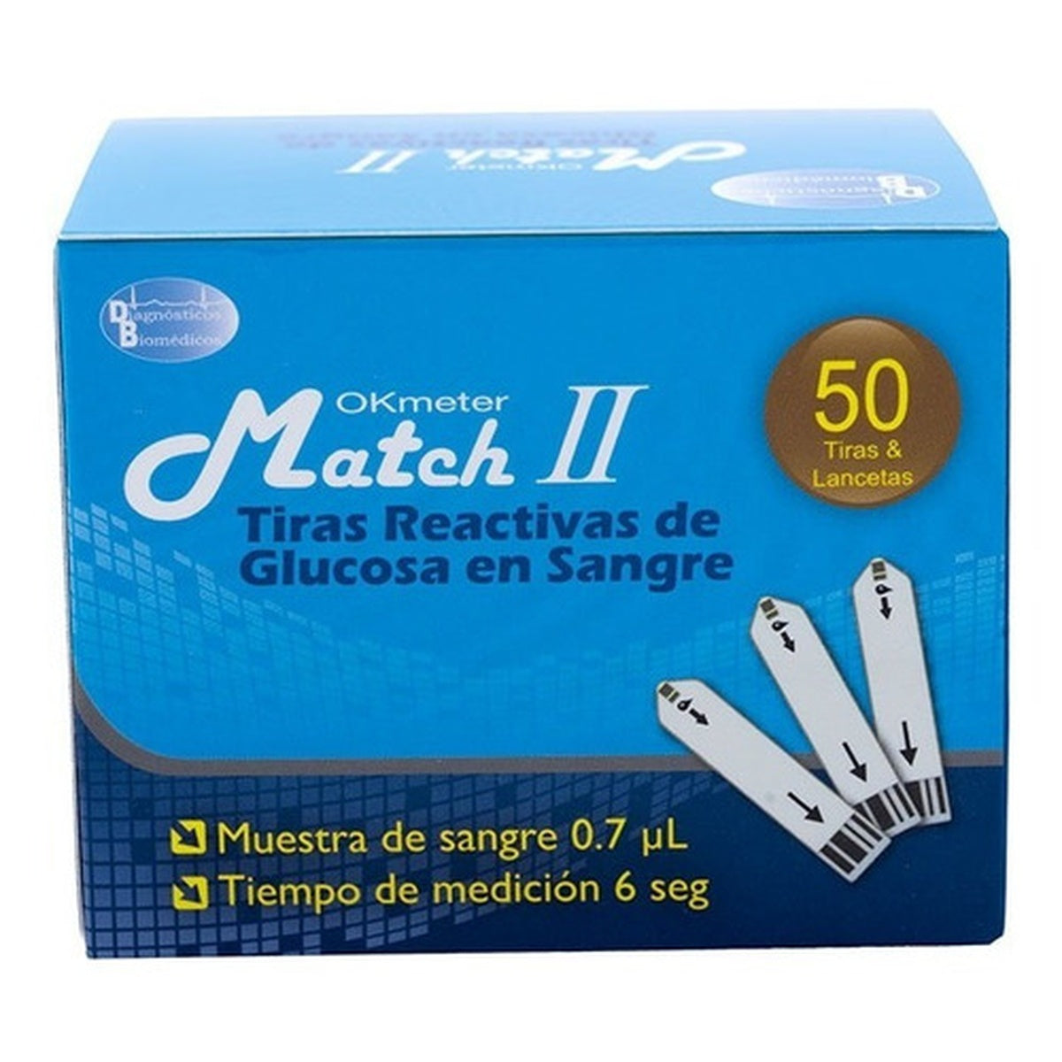 Tiras reactivas de glucosa OKmeter Match II, 50 unidades, para mediciones de glucosa en sangre capilar, color blanco, en caja.