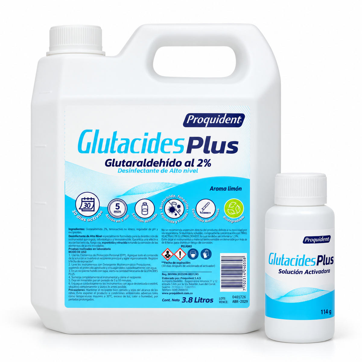 Glutacides PLUS+ Proquident de 3.8 L aroma limón, desinfectante diseñado para apoyar procesos de desinfección según las indicaciones del fabricante.