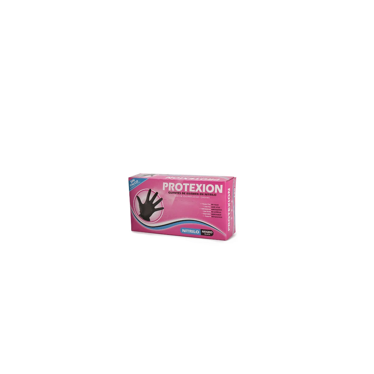Guante de examen de nitrilo Protexion en color negro, talla S, presentado en caja de 100 unidades, ideal para uso clínico.
