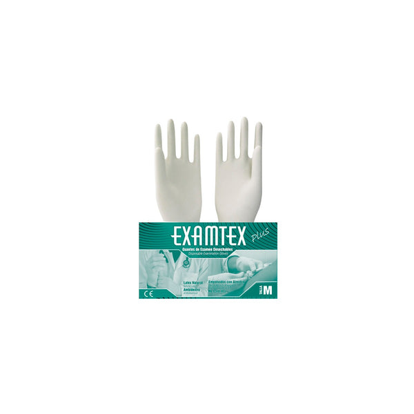 Guante de látex liso Examtex, talla M, color natural, presentado en caja de 100 unidades, ideal para exámenes médicos.
