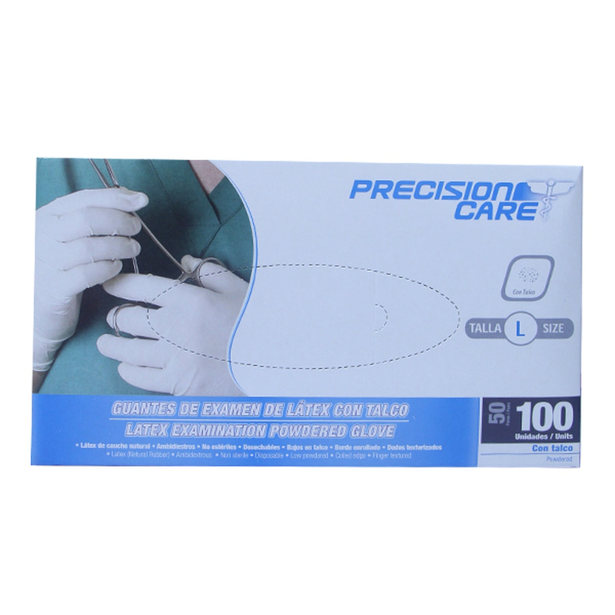 Guante de examen de látex ambidiestro, color natural, largo de 240 mm, textura y relieve, presentado en caja de 100 unidades.