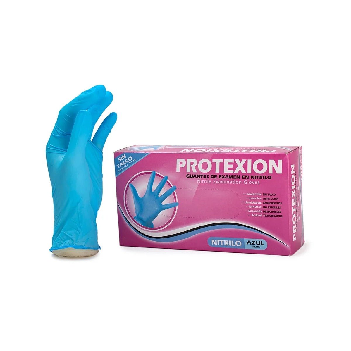 Guante de nitrilo azul, talla S, fabricado por Protex, presentado en caja de 100 unidades, ideal para uso médico.