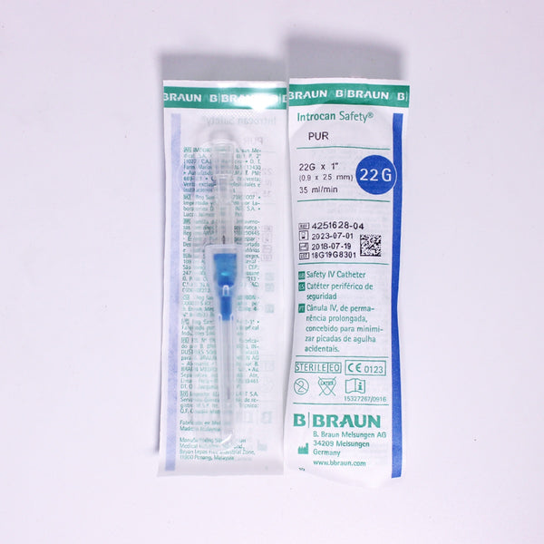 Catéter intravenoso periférico INTROCAN SAFETY G-22 de B. Braun, color transparente, fabricado en polipropileno y poliuretano, diseñado para acceso vascular seguro.