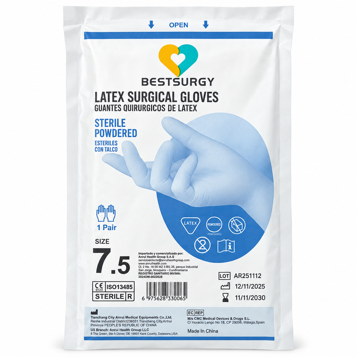 Guante quirúrgico estéril BestSurg con talco, talla 7.5, diseñado para brindar ajuste, sensibilidad táctil y protección durante procedimientos clínicos.