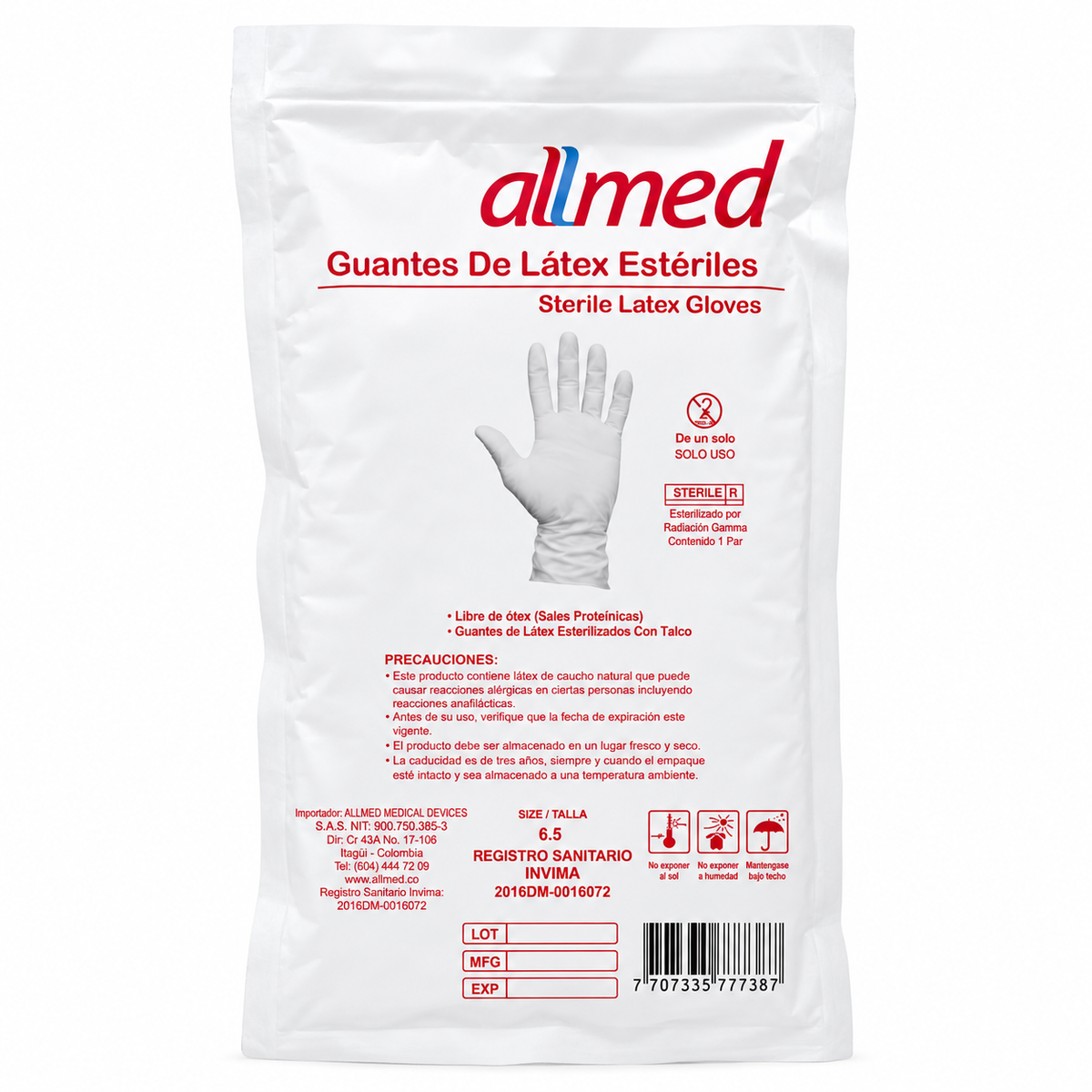 Guante quirúrgico estéril con talco Allmed talla 6,5, presentación por par para procedimientos médicos y quirúrgicos.