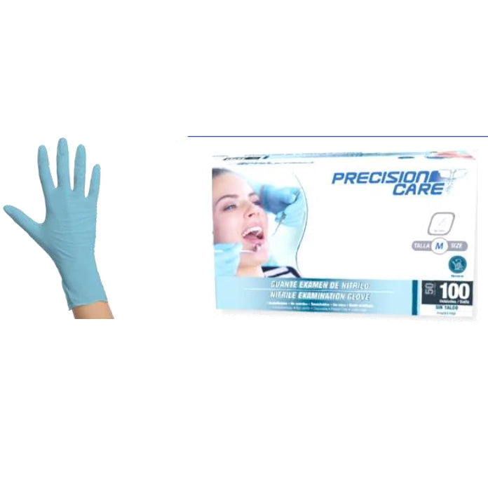 Guantes de examen de nitrilo azul claro, talla S, marca Precision Care, con textura suave y sin polvo, presentados sobre fondo blanco.