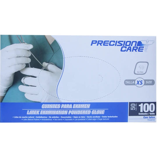 Guantes de látex liso Precision, tamaño X-S, color blanco, presentados en caja de 100 unidades, ideales para uso clínico.