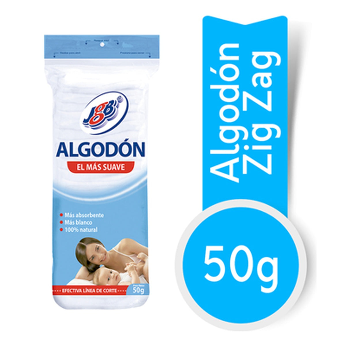 Algodón Purificado JGB Zig-Zag de 50 g, 100% algodón natural, presentado en bolsa de polietileno, ideal para aplicaciones médicas y de cuidado personal.