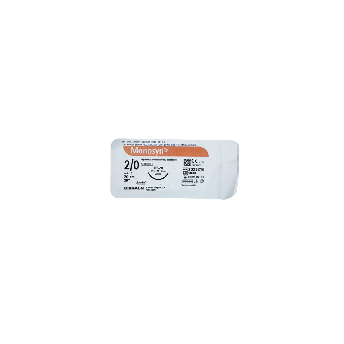 Hilo quirúrgico Monosyn 2/0 de 70 cm, marca Braun, referencia C2023216, color transparente, presentado en un empaque estéril.