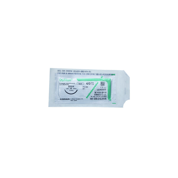 Hilo quirúrgico DAFILON 4/0 DS24 de 75 cm, color verde, fabricado por Braun, presentado en un fondo blanco.