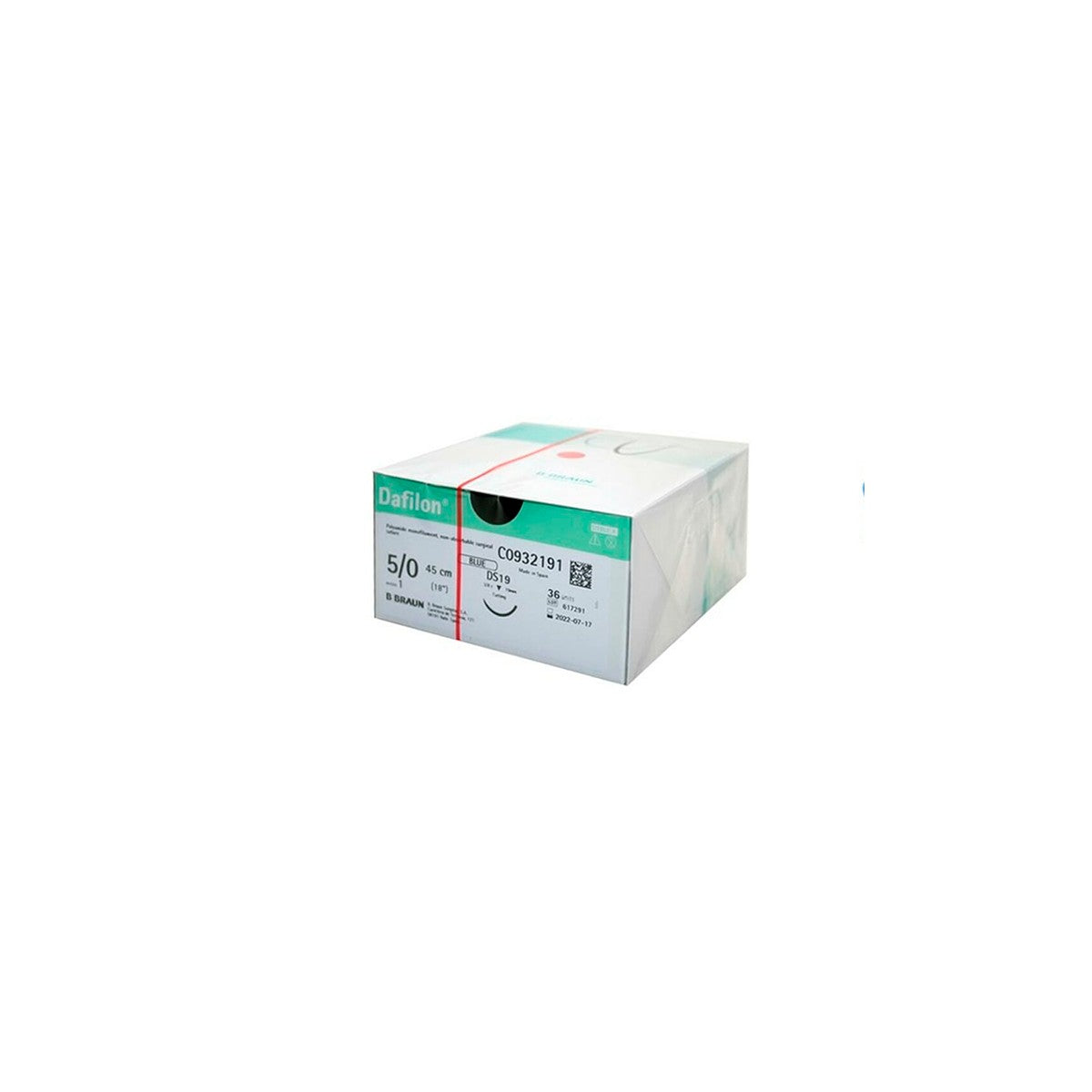 Hilo quirúrgico DAFILON 5/0 DS19 de 45 cm, color verde, fabricado por Braun, presentado en un empaque estéril.