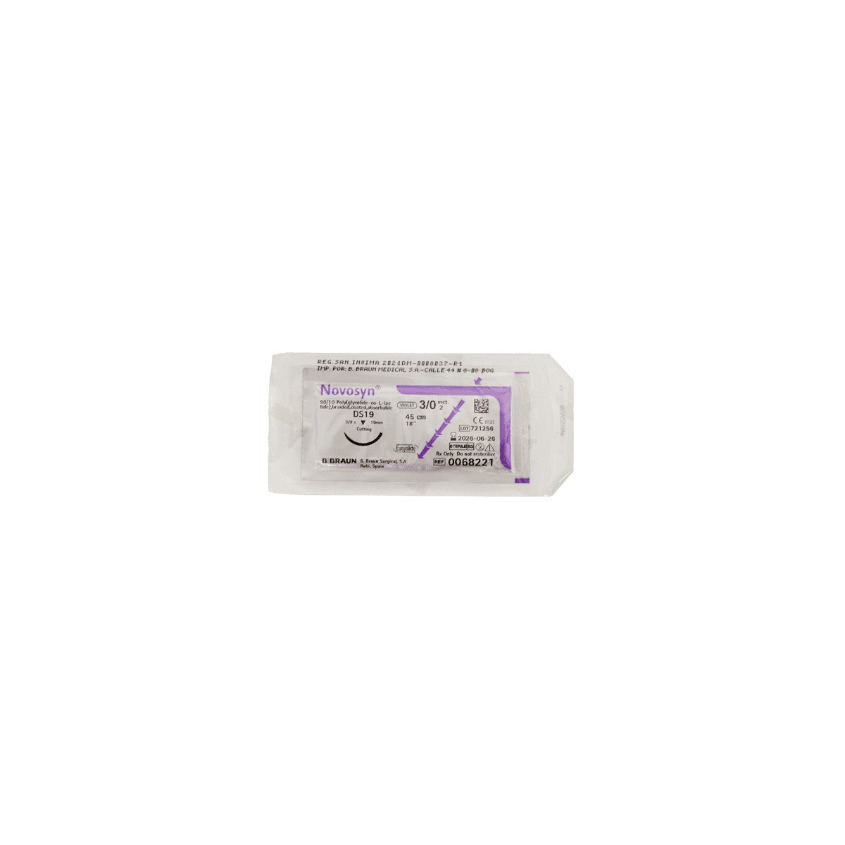 Hilo quirúrgico Novosyn Violeta 3/0 DS19 de 45 cm, fabricado por Braun, con un acabado suave y flexible para suturas precisas.