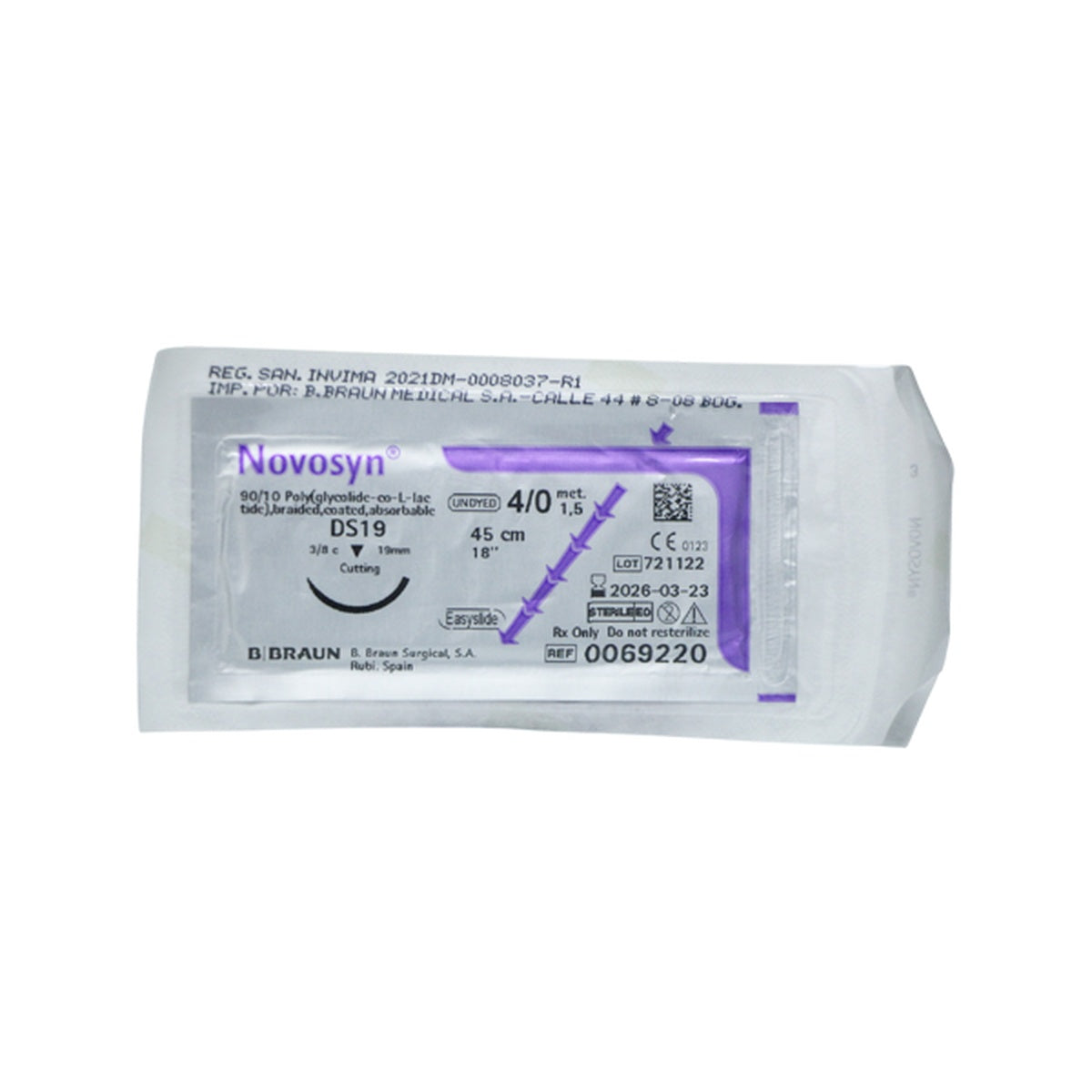 Sutura absorbible estéril NOVOSYN® de B.Braun, calibre 4/0, longitud 45 cm, color natural, diseñada para aproximación de tejidos blandos.