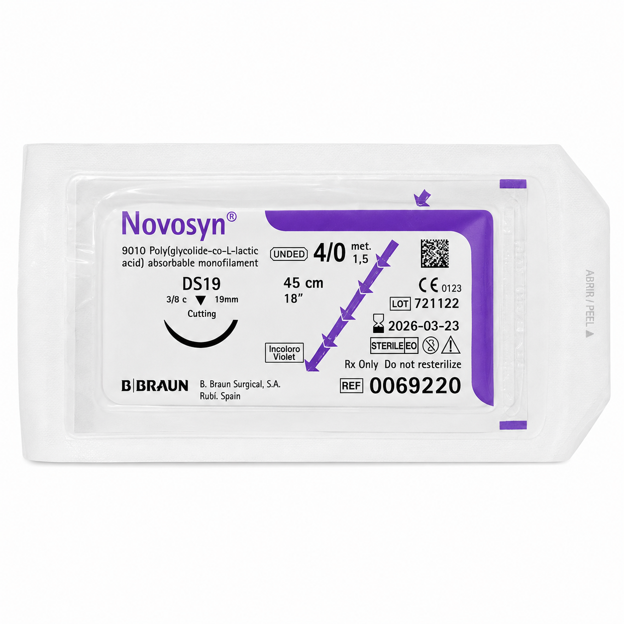 Novosyn Incoloro 4/0 DS19 Hilo Quirúrgico 45cm Braun
