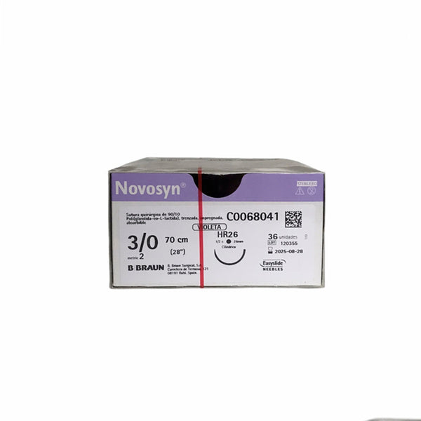 Sutura absorbible Novosyn® violeta 3/0 HR26 de 70 cm, fabricada por B.Braun, compuesta por copolímero de glicolato y L-lactato.