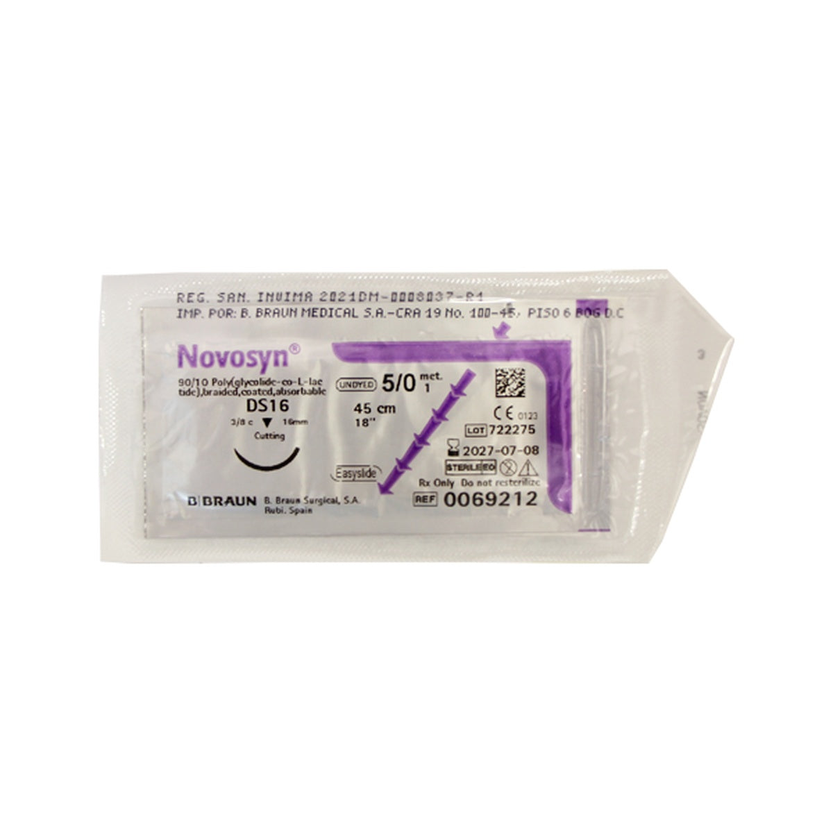 Sutura quirúrgica absorbible NOVOSYN® de B.Braun, color violeta, trenzado, 5/0, longitud 45 cm, presentada en empaque individual estéril.