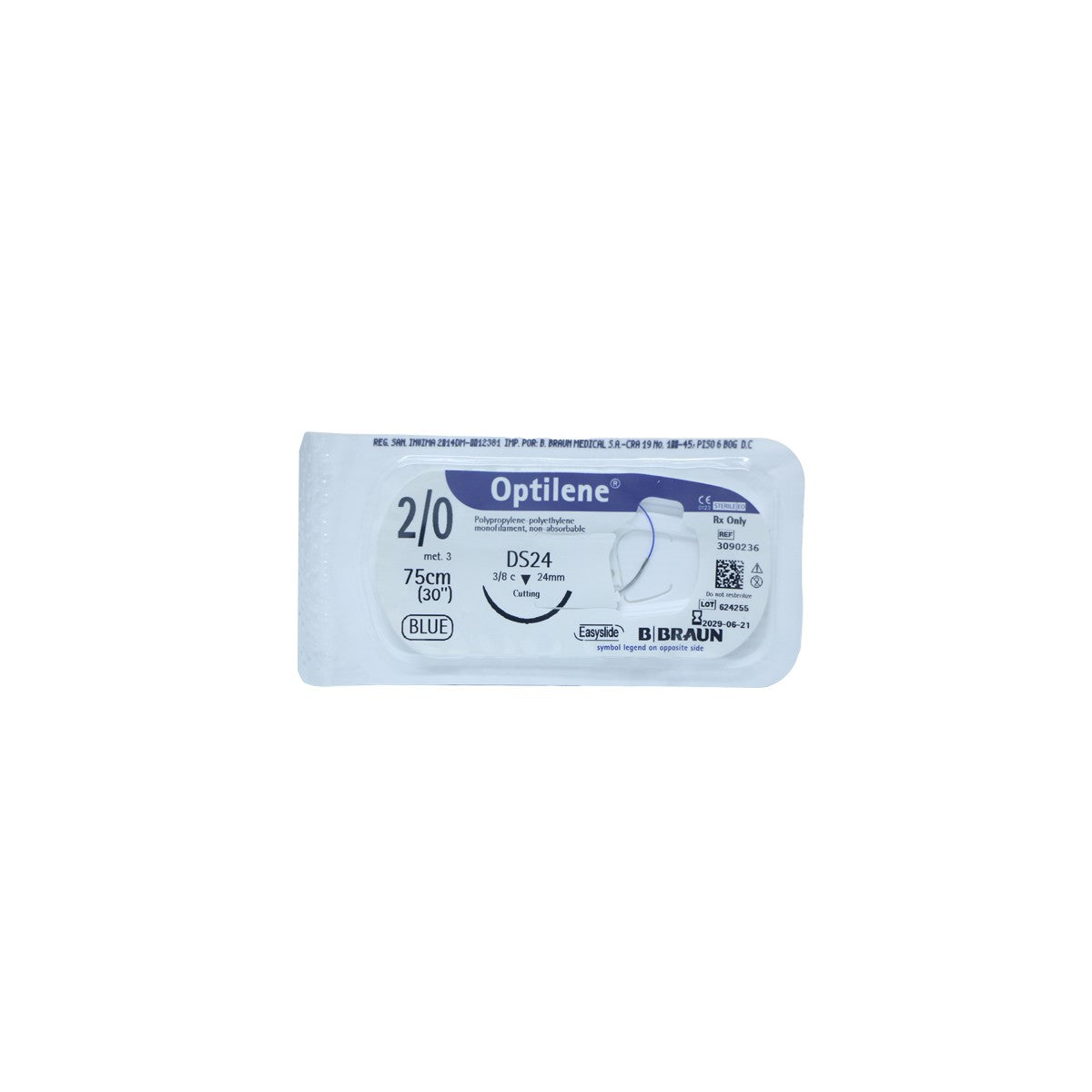 Hilo quirúrgico Braun Optilene 2/0 DS24 de 75 cm, color verde, material de polipropileno, presentado en un empaque estéril.