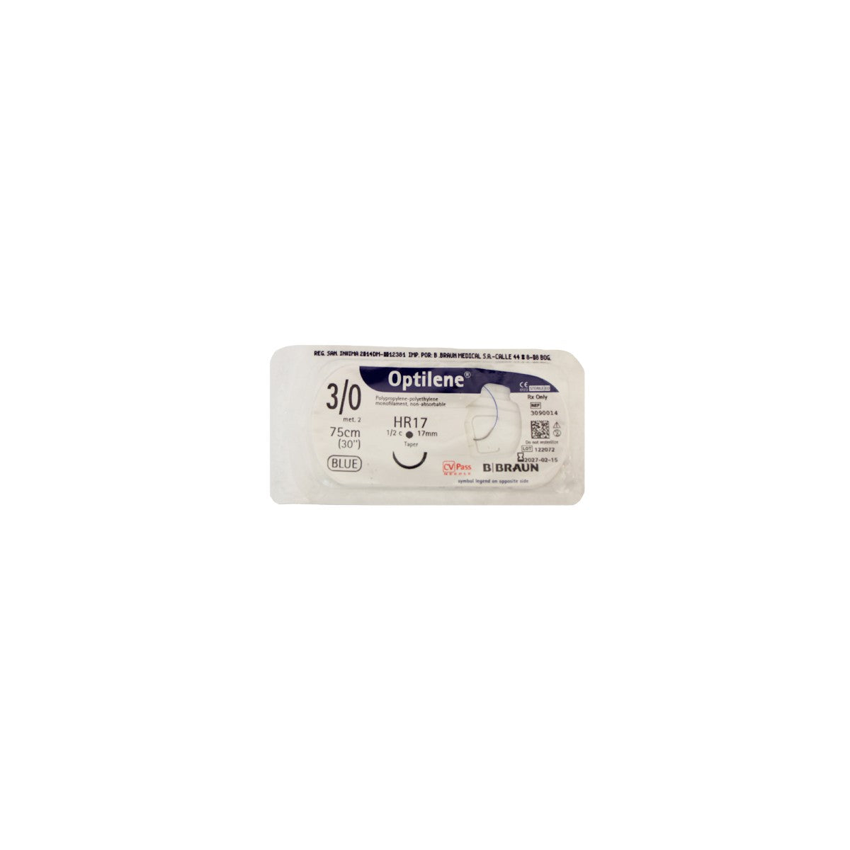 Sutura quirúrgica sintética monofilar OPTILENE® de polipropileno, color azul ftalocianina, con aguja de acero inoxidable, presentada en caja de 36 unidades.