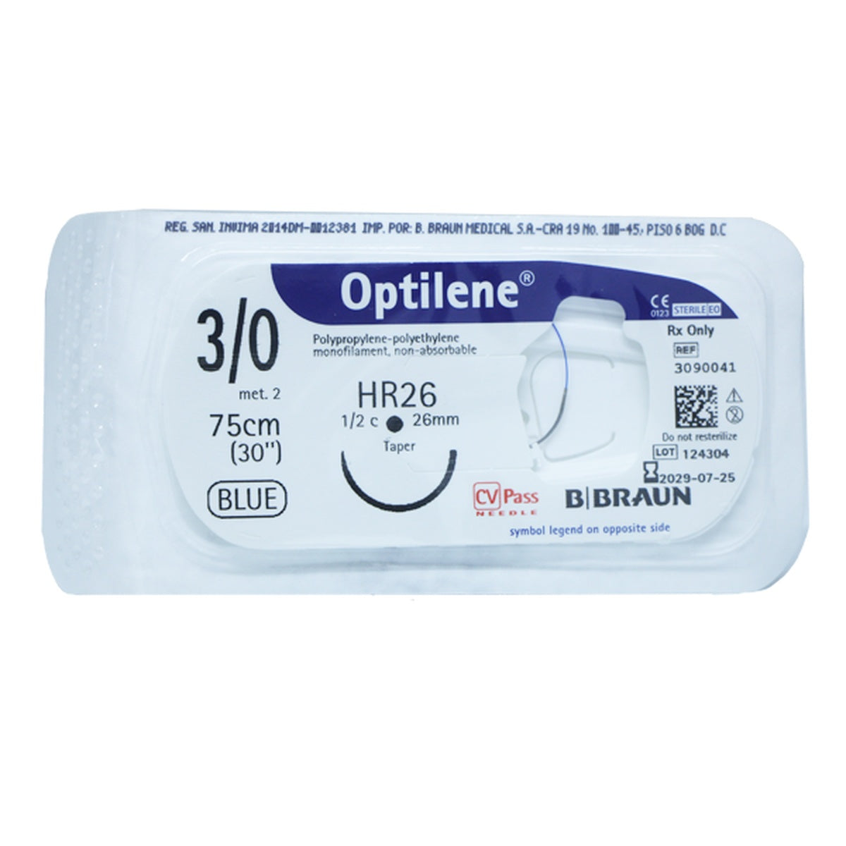Sutura quirúrgica monofilar no absorbible OPTILENE® 3/0 HR26 de 75 cm, color azul, con aguja de acero inoxidable, presentada en sobre estéril.