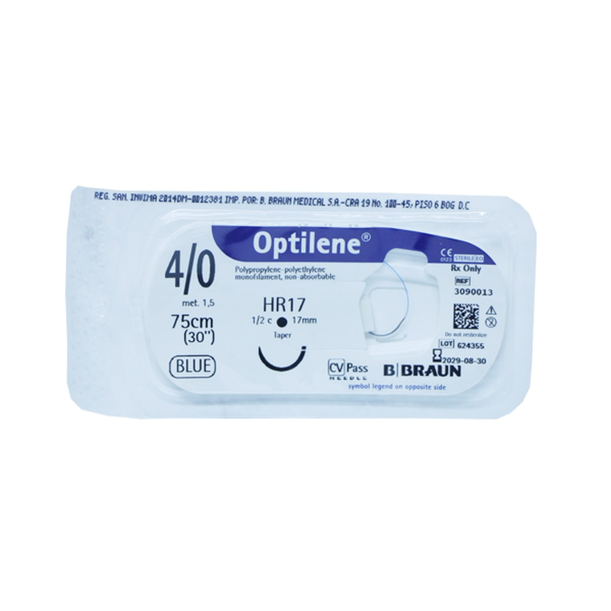 Sutura quirúrgica OPTILENE 4/0 HR17 de B. Braun, monofilar, no absorbible, color azul, con aguja de acero inoxidable, 75 cm.