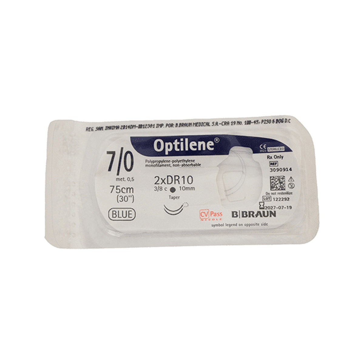 Sutura quirúrgica monofilamento OPTILENE 7/0, 75 cm, de polipropileno, con aguja de acero inoxidable, presentada en sobre individual.