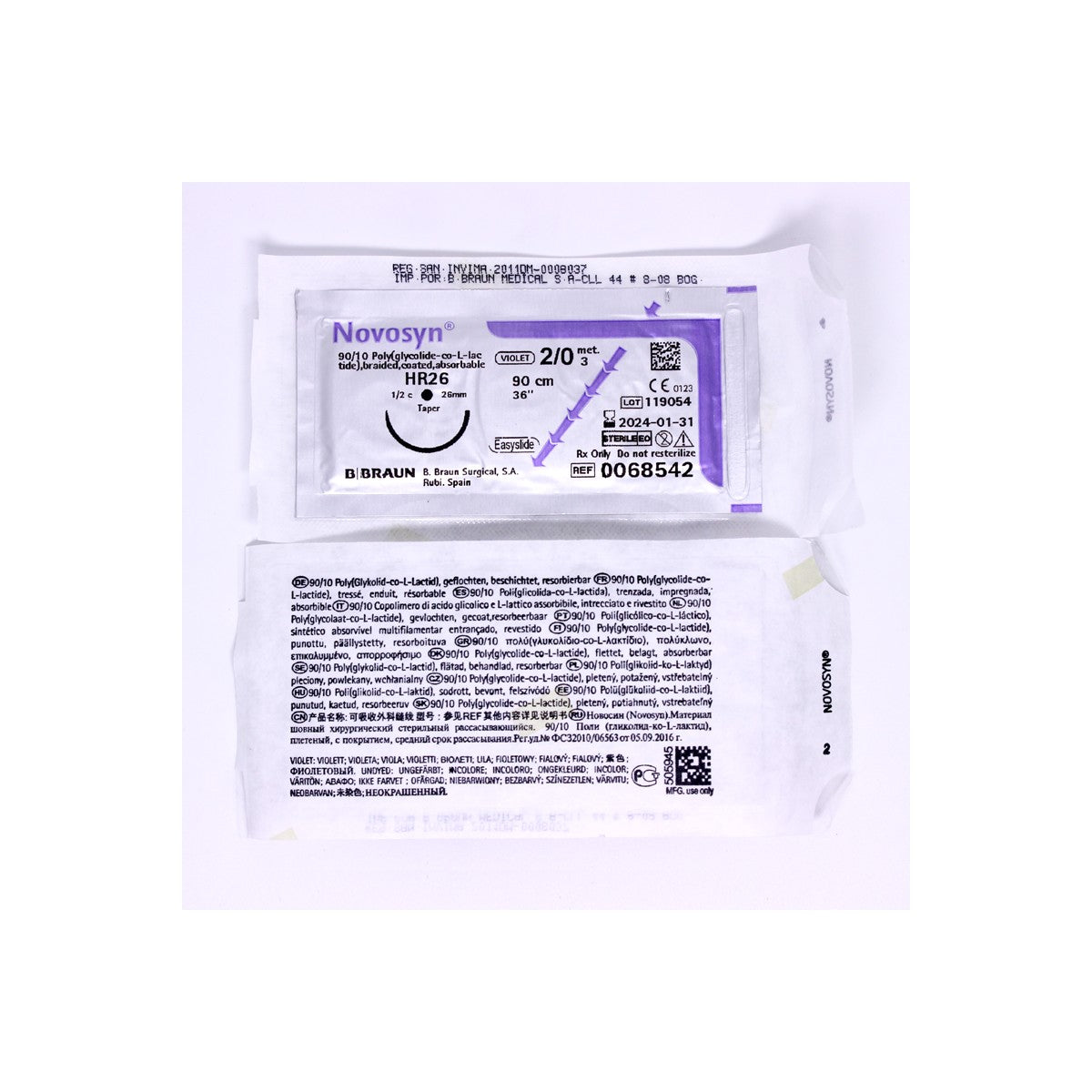 Sutura quirúrgica absorbible NOVOSYN® de B.Braun, trenzada, color violeta, fabricada en copolímero de glicolato y L-lactato.