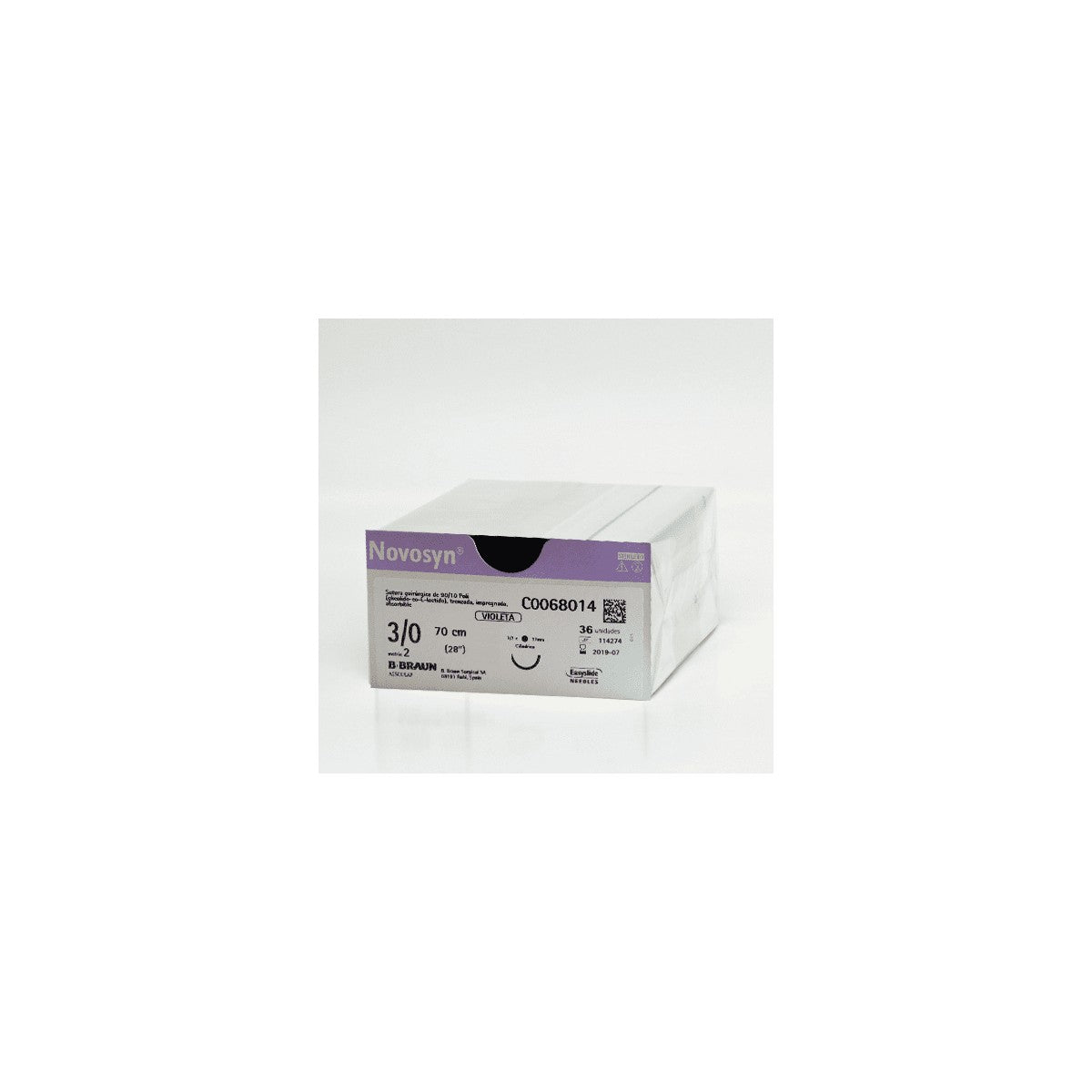 Hilo quirúrgico Novosyn Violeta 3/0 DS19 de 70 cm, marca Braun, con un acabado suave y flexible, ideal para suturas.