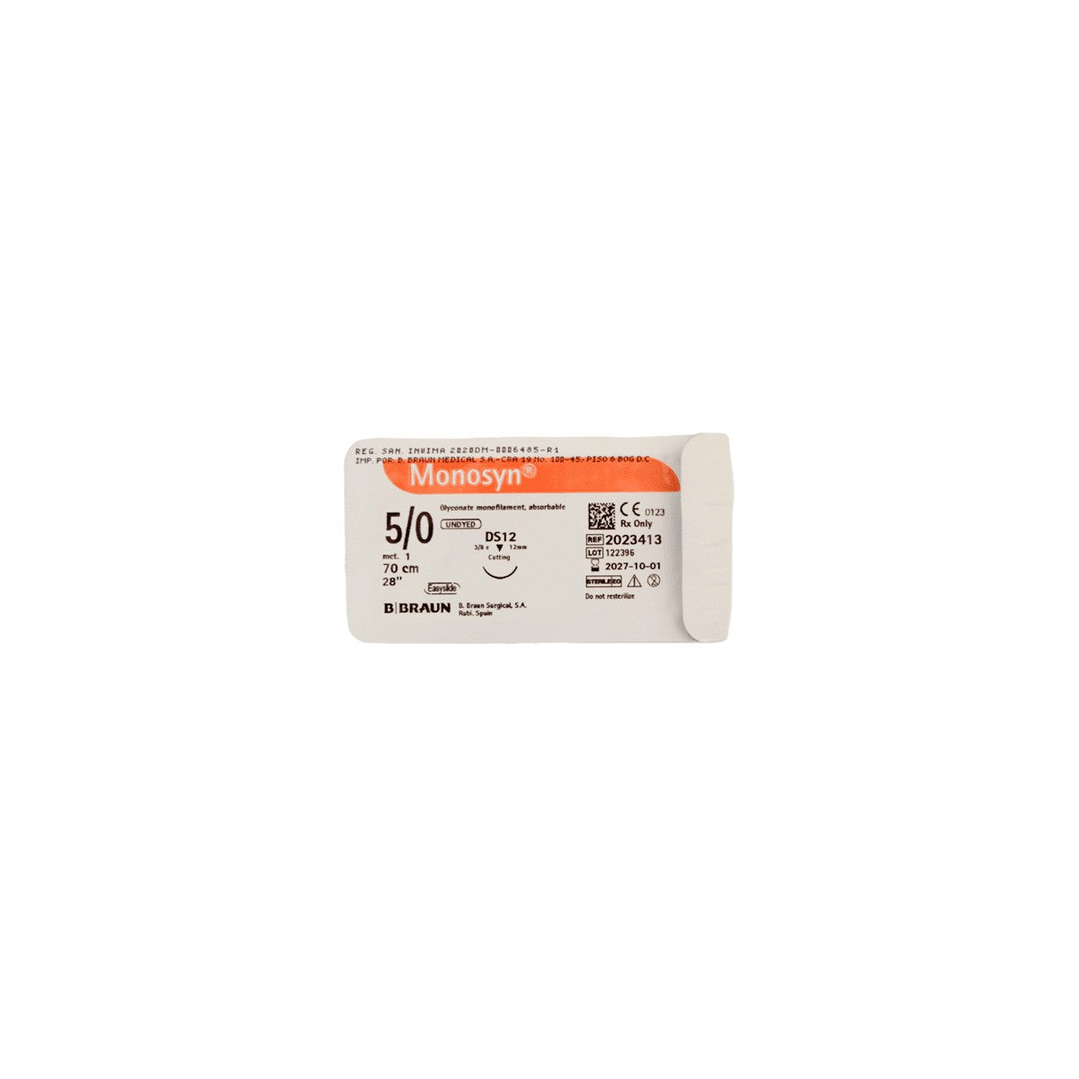 Sutura quirúrgica absorbible MONOSYN de B. Braun, monofilar, color violeta, envasada individualmente en blister, adecuada para tejidos blandos.