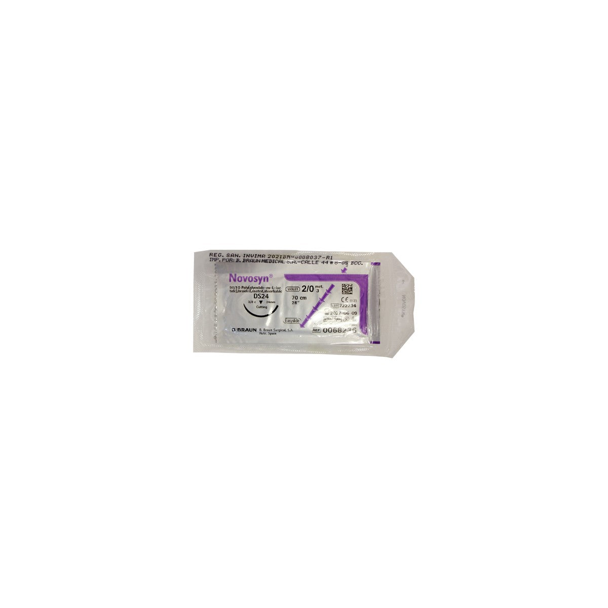 Sutura quirúrgica absorbible NOVOSYN® de B.Braun, color violeta, con aguja de acero inoxidable, presentada en blister individual.
