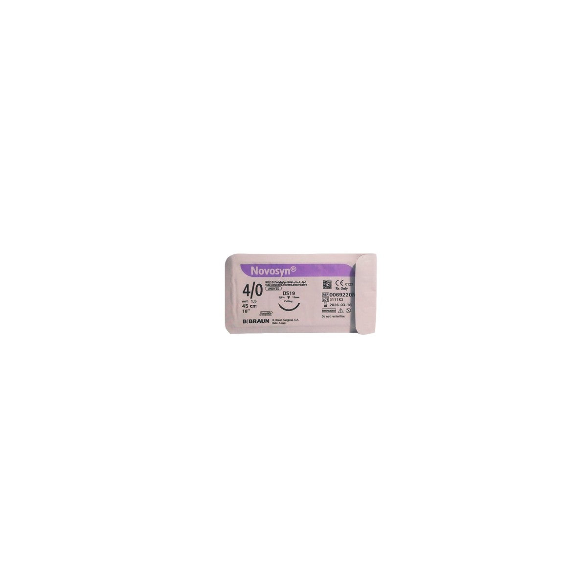 Sutura quirúrgica absorbible NOVOSYN® de B.Braun, color beige natural, diámetro USP 5/0, longitud 45 cm, en blister estéril.