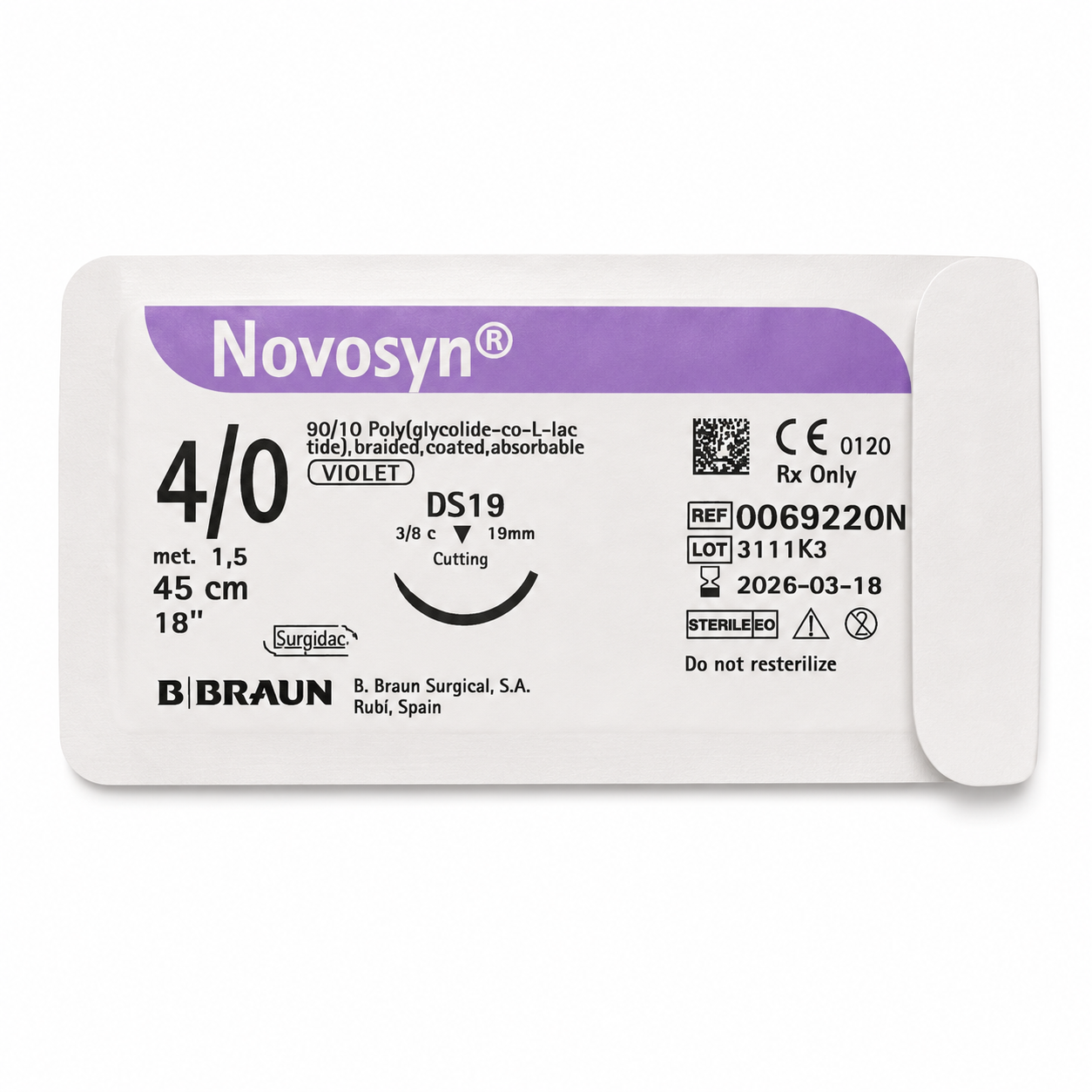 Novosyn Violeta 4/0 DS16 Hilo Quirúrgico 45cm